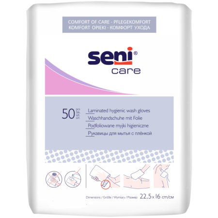 Seni Care Рукавицы для мытья с непроницаемой внутри пленкой, 50 шт