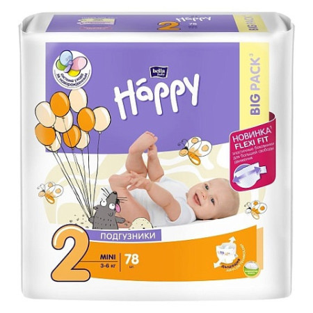 Подгузники детские Happy Mini, 3-6кг., 78шт.